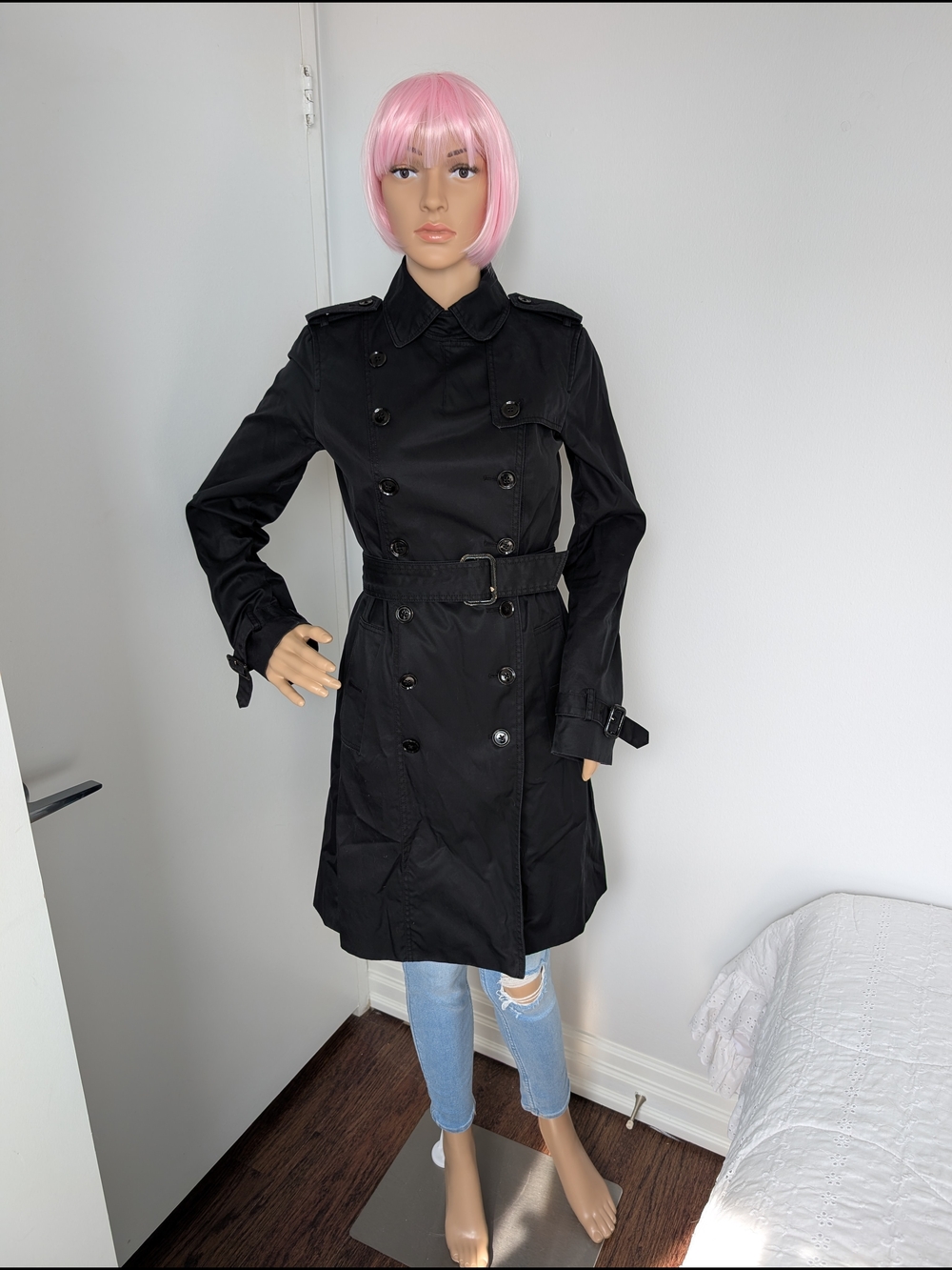 Banana Republic Black Double-Breasted Trench with Belted Waist